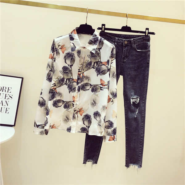 Ziedu sieviešu šifona krekls ar klasisku apkakli un garām piedurknēm