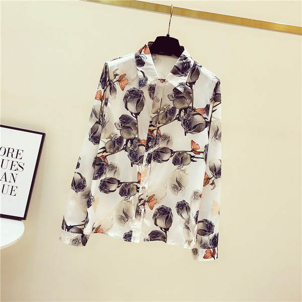 Ziedu sieviešu šifona krekls ar klasisku apkakli un garām piedurknēm