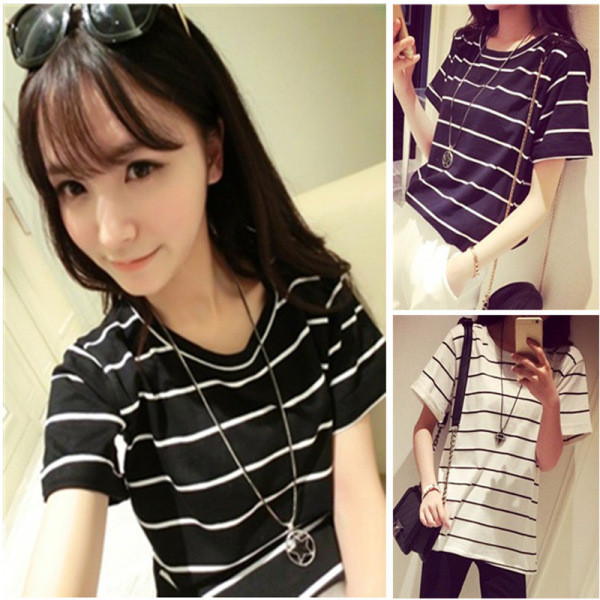 Tricou casual dama in dungi cu maneca scurta si decolteu oval