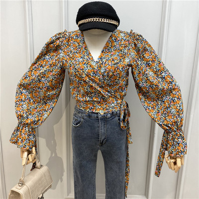 Praegune kevadine V-kaelusega, lillelise mustriga ja lipsudega naiste pluus