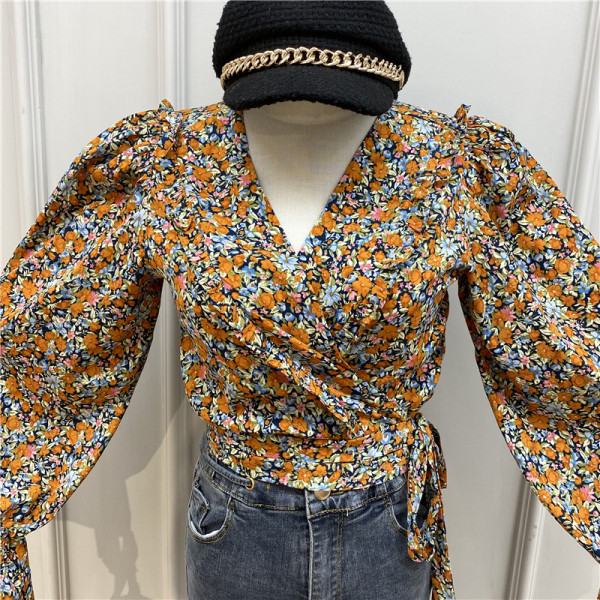 Praegune kevadine V-kaelusega, lillelise mustriga ja lipsudega naiste pluus