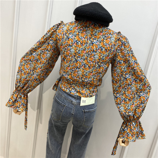 Praegune kevadine V-kaelusega, lillelise mustriga ja lipsudega naiste pluus