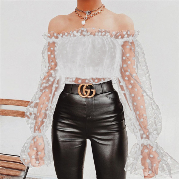 Bluza scurta de dama model nou cu umerii goi si maneci din tul