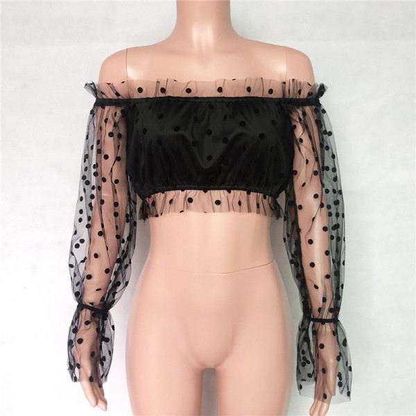 Bluza scurta de dama model nou cu umerii goi si maneci din tul