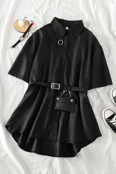 Garš melns sieviešu krekls ar īsām piedurknēm un jostiņu ar noņemamu maku