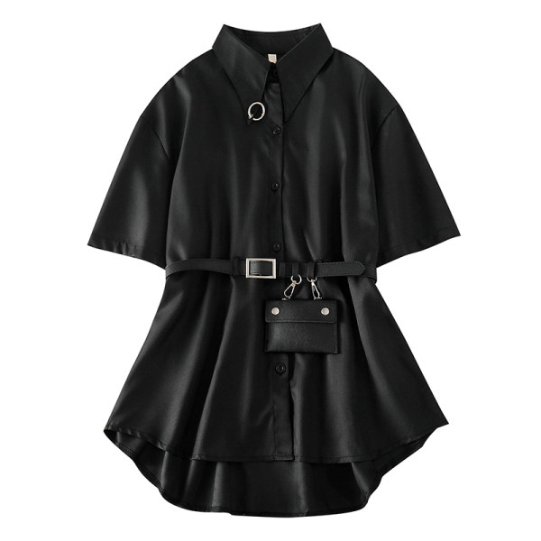 Garš melns sieviešu krekls ar īsām piedurknēm un jostiņu ar noņemamu maku