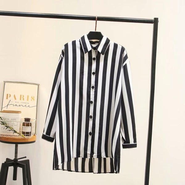 Moderns sieviešu garais svītrains krekls ar garām piedurknēm un klasisku apkakli