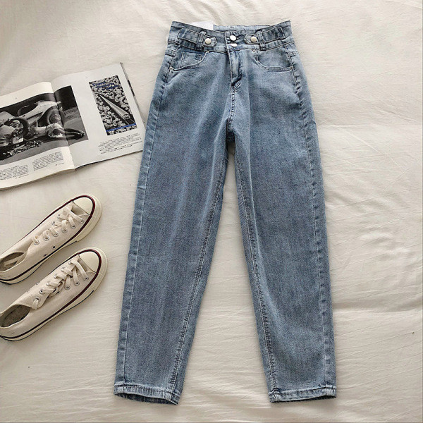 Retro stila sieviešu džinsi ar pogām un augstu vidukli