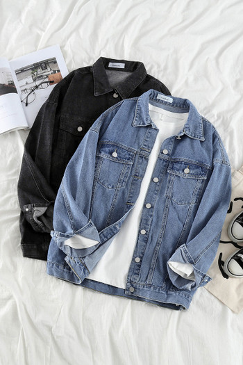 Aktuális női farmerdzseki széles modell hosszú ujjakkal és zsebekkel