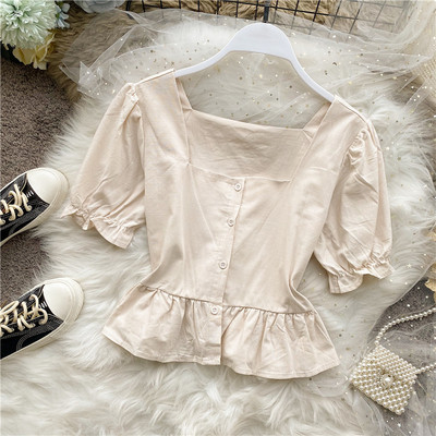 Retro stílusú női ing négyzet alakú nyakkivágással és rövid ujjal