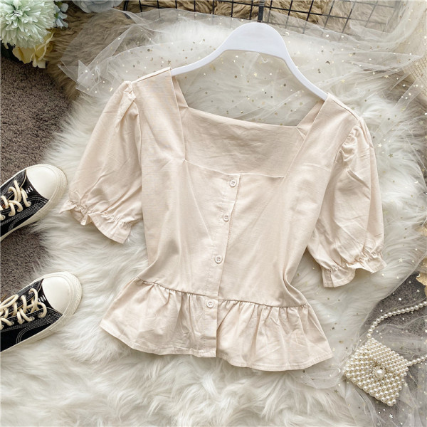 Retro stílusú női ing négyzet alakú nyakkivágással és rövid ujjal