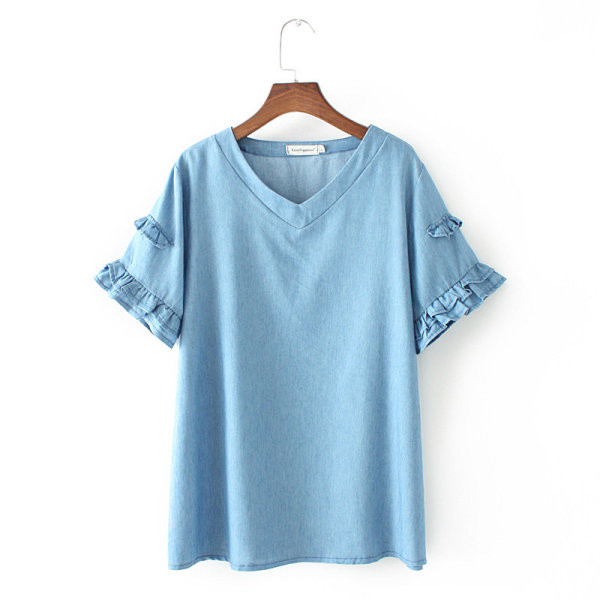 Alkalmi női farmer póló mély nyakkivágással és rövid ujjakkal