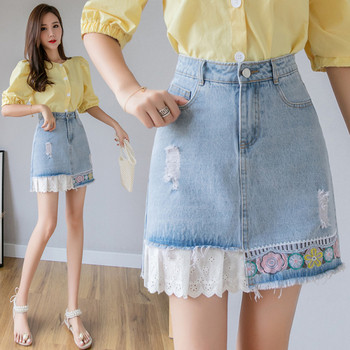 Moodne naiste teksaseelik tikandi ja pitsiga – kõrge vöökoht