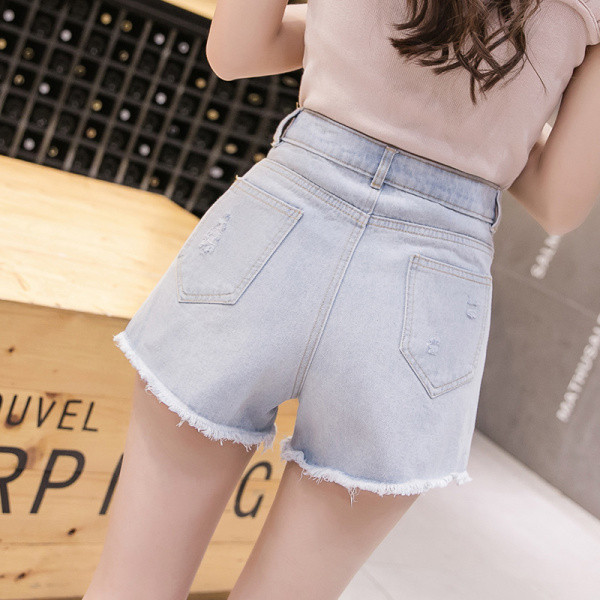 Női farmer rövidnadrág új modellje, magas derékkal, mintával és szakadt motívumokkal