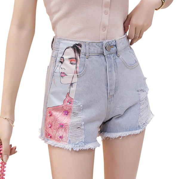 Női farmer rövidnadrág új modellje, magas derékkal, mintával és szakadt motívumokkal