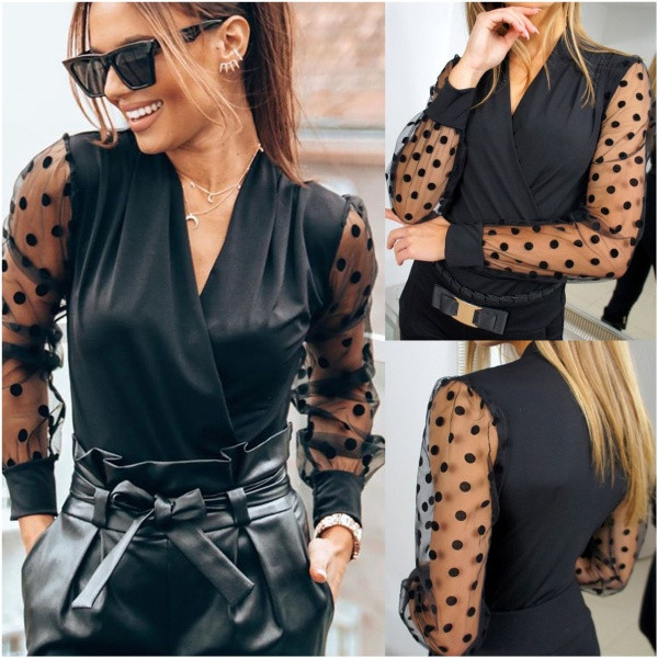 Új modell női ing mély nyakkivágással és tüll ujjakkal fekete színben