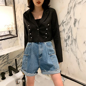 Pantaloni scurți casual din denim cu talie înaltă și buzunare