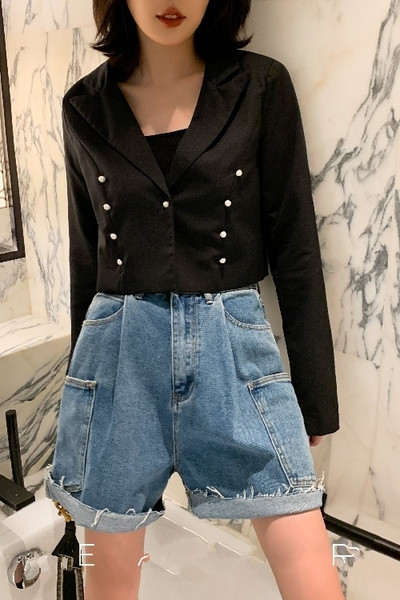 Pantaloni scurți casual din denim cu talie înaltă și buzunare