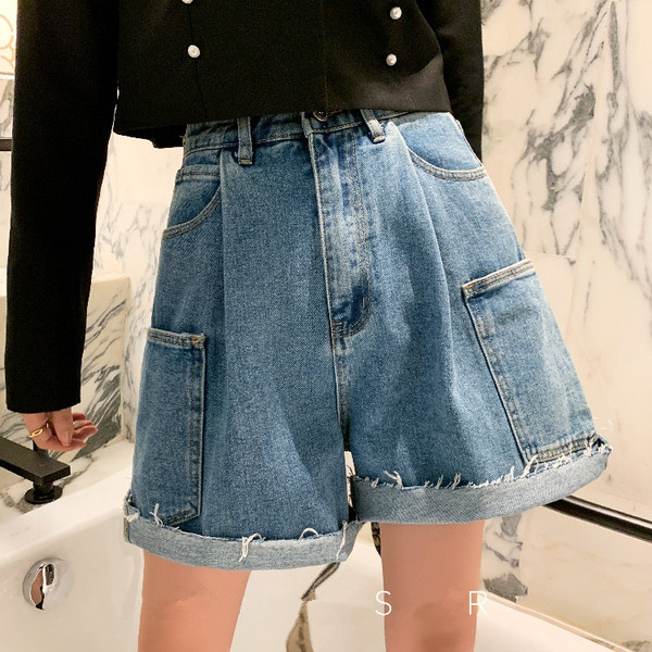 Pantaloni scurți casual din denim cu talie înaltă și buzunare