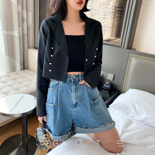 Pantaloni scurți casual din denim cu talie înaltă și buzunare