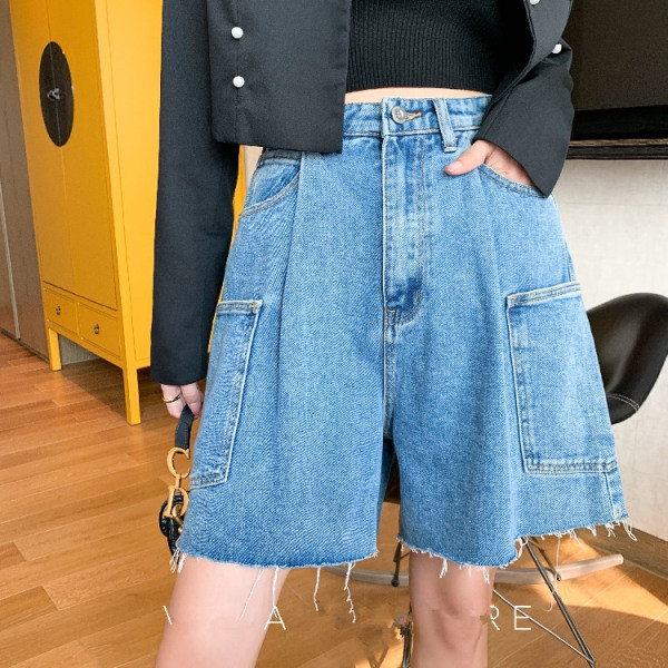 Pantaloni scurți casual din denim cu talie înaltă și buzunare