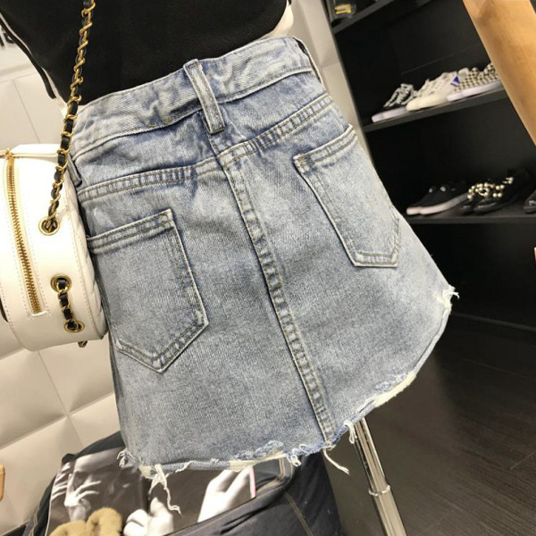 Fusta de dama din denim cu talie inalta, nasturi si buzunare imitatie