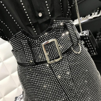 Fusta de dama moderna cu talie inalta, curea si pietre