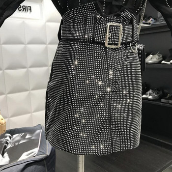 Fusta de dama moderna cu talie inalta, curea si pietre