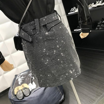 Fusta de dama moderna cu talie inalta, curea si pietre