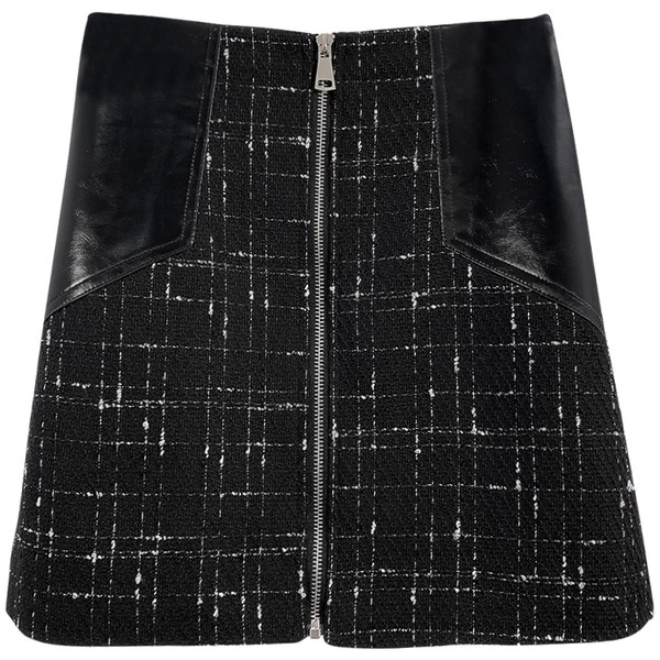 Kockás női szoknya magas derékkal, bőr elemekkel és cipzárral