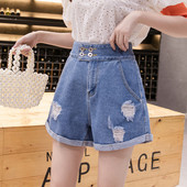 Blugi scurti dama casual cu motive rupte - talie inalta