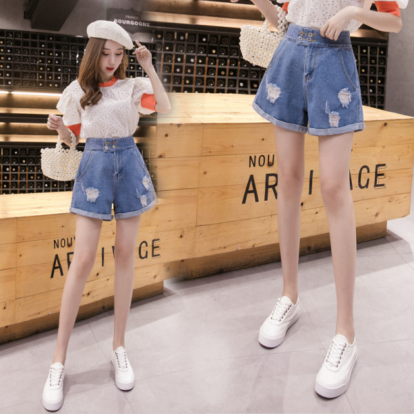 Blugi scurti dama casual cu motive rupte - talie inalta