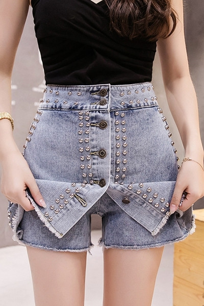 Sieviešu džinsa svārki-bikses ar augstu vidukli un metāla cilpiņām