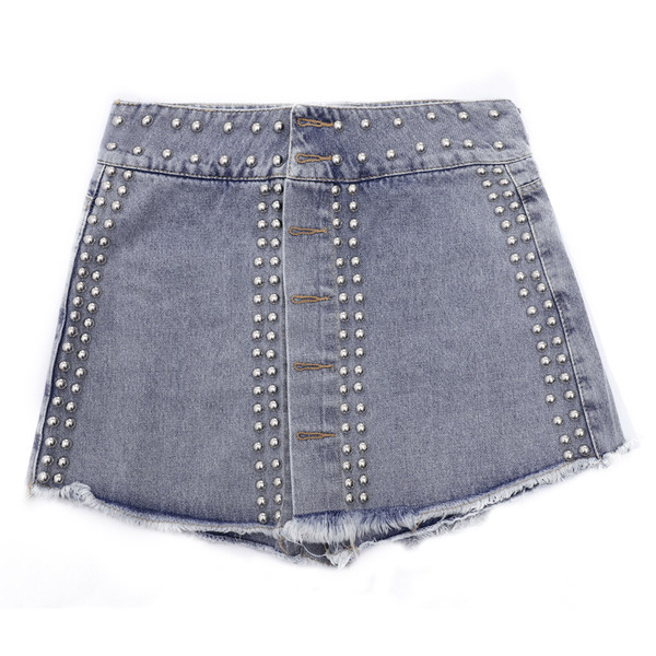 Sieviešu džinsa svārki-bikses ar augstu vidukli un metāla cilpiņām