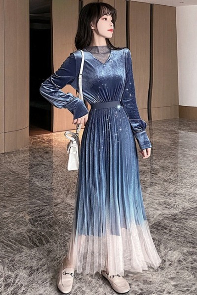 Gara sieviešu samta kleita ar garām piedurknēm