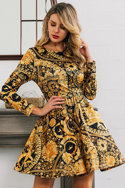 Modern női arany ruha, hosszú ujjú, O-nyakú