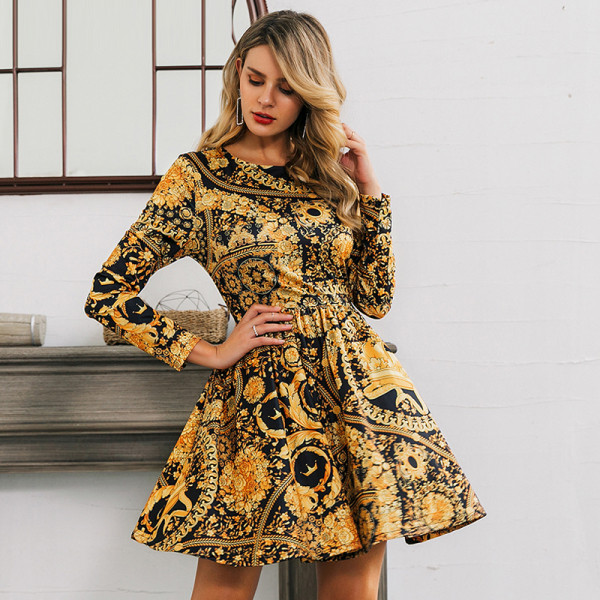 Modern női arany ruha, hosszú ujjú, O-nyakú