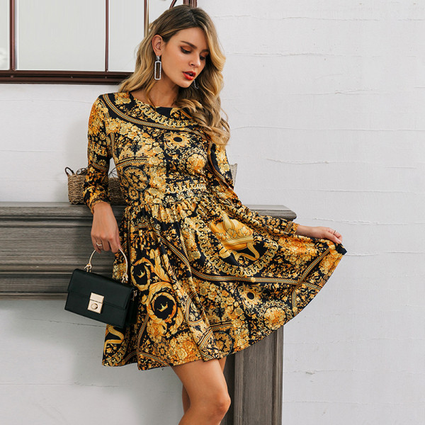 Modern női arany ruha, hosszú ujjú, O-nyakú