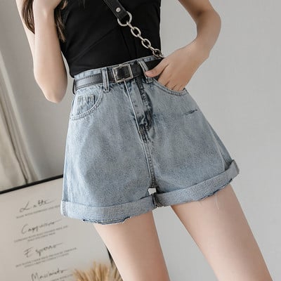 Pantaloni scurți casual de damă cu curea - talie înaltă