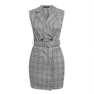 Alkalmi női kockás ruha övvel és gombokkal