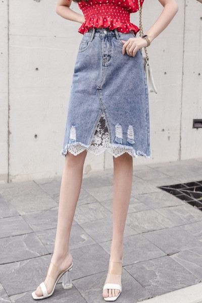 Uue mudeli lühike kõrge vöökoha ja pitsiga naiste seelik