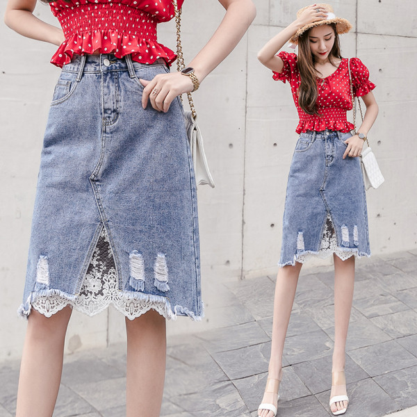 Uue mudeli lühike kõrge vöökoha ja pitsiga naiste seelik