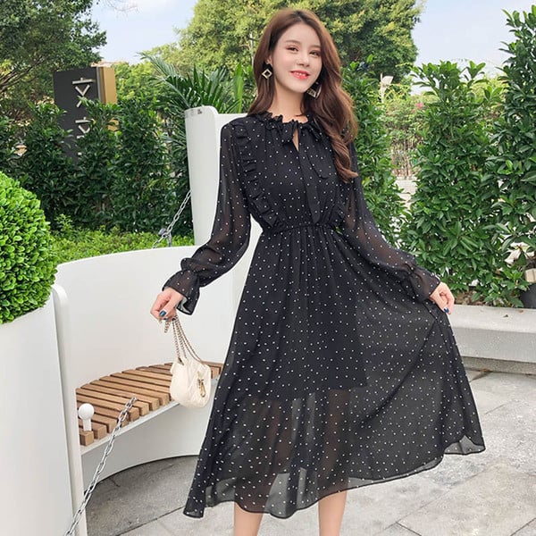 Rochie actuală de damă cu mâneci lungi și cravate