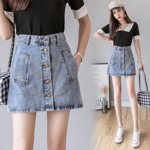 Fusta de dama albastra din denim cu talie inalta si nasturi