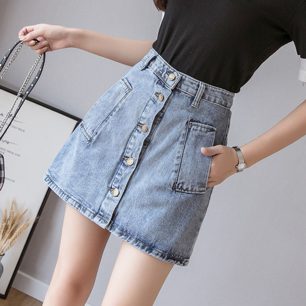 Fusta de dama albastra din denim cu talie inalta si nasturi