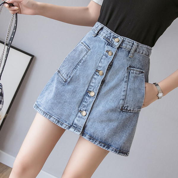 Fusta de dama albastra din denim cu talie inalta si nasturi