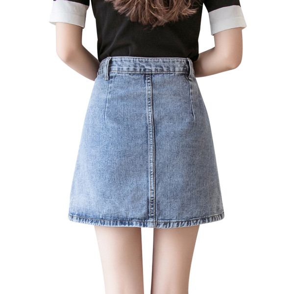 Fusta de dama albastra din denim cu talie inalta si nasturi