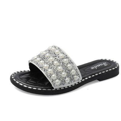 Modern női papucs lapos talppal és elemmel - gyöngy