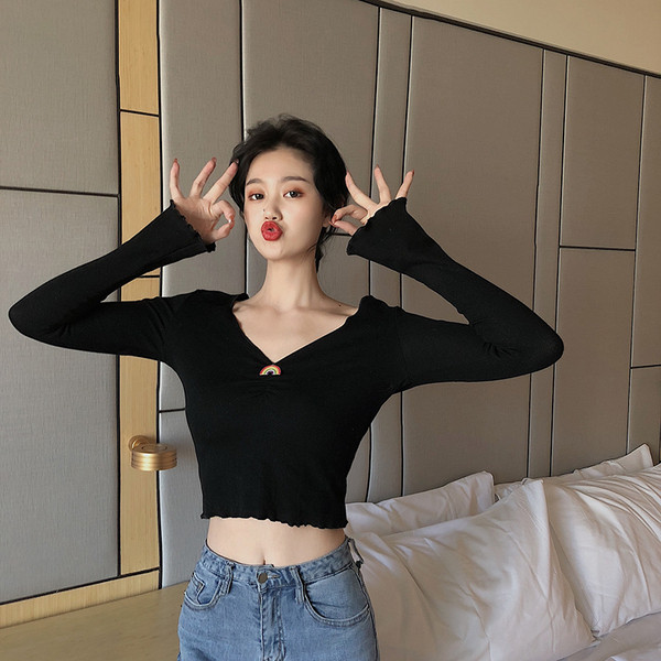 Trumpa prigludusi palaidinė su V formos iškirpte ir ilgomis rankovėmis