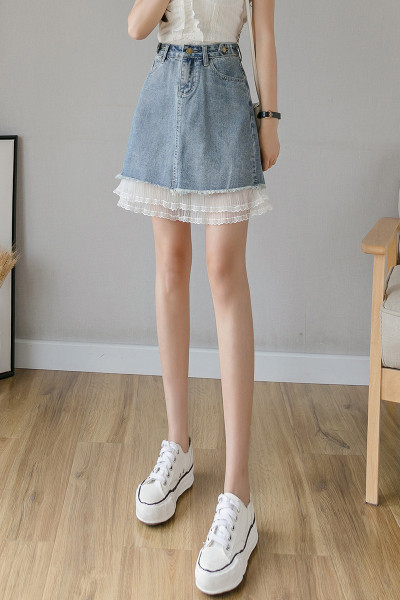 Jauna modeļa īsi sieviešu džinsa svārki ar augstu vidukli un tillu